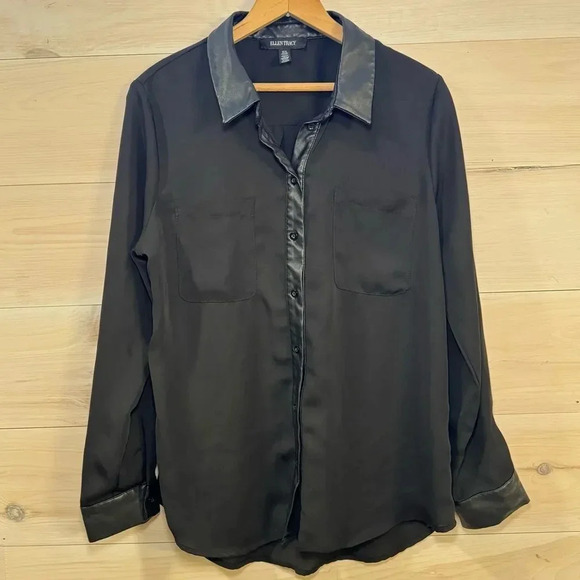 Ellen Tracy Faux Leather Trim Button-up Shirt Black Size Medium - Picture 1 of 4